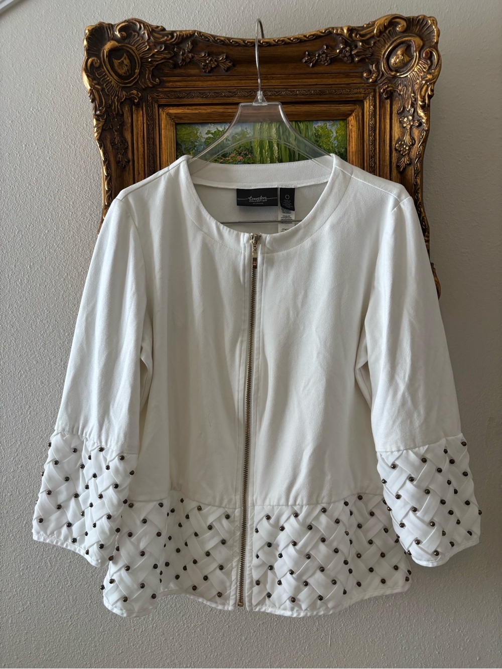 Chico's Travelers White Studded Woven Lattice Zip Jacket